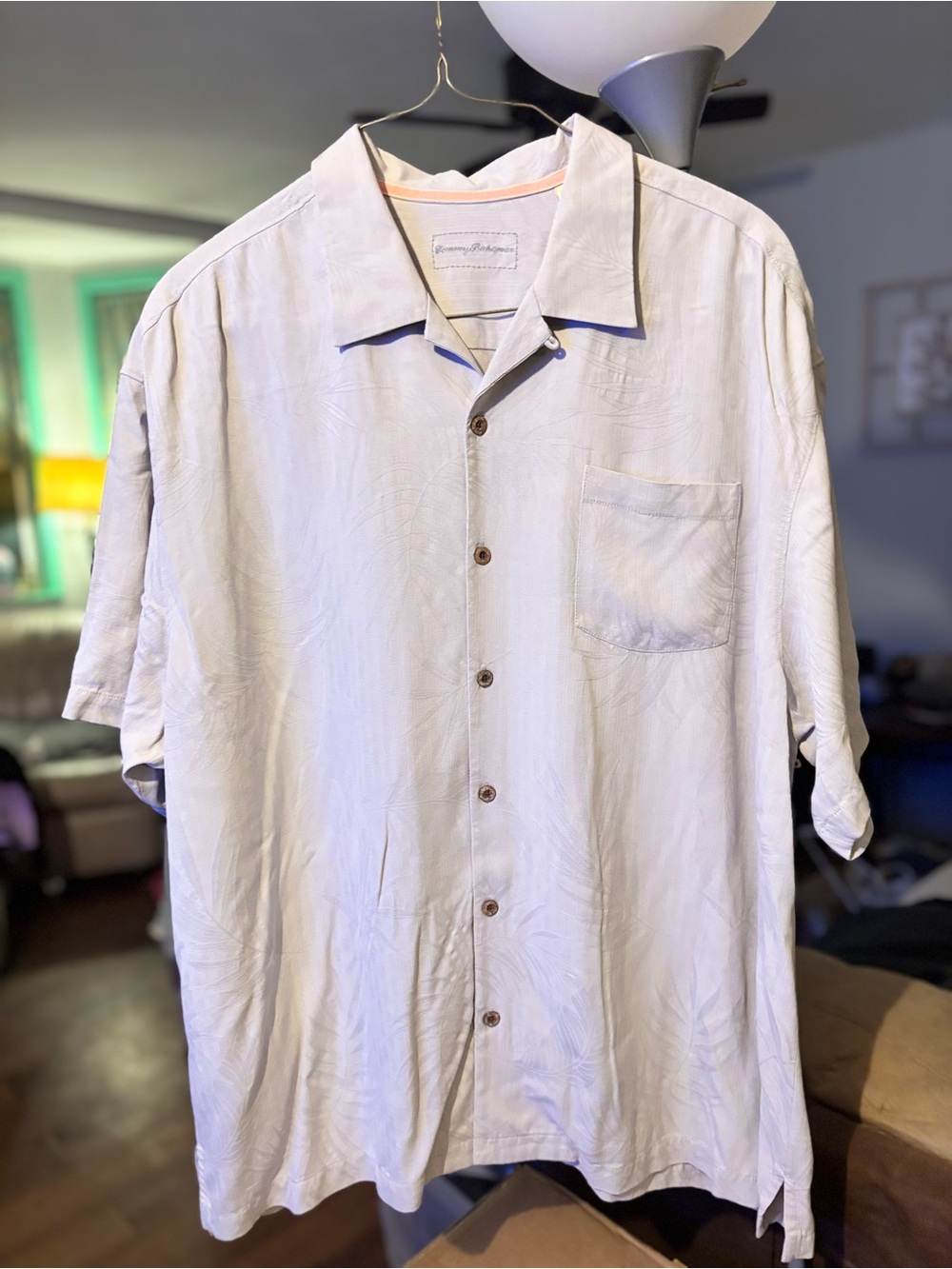 Tommy Bahama short-sleeve camp shirt features a subtle tropical tonal pattern